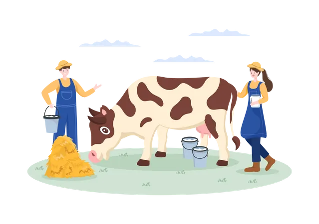 Agricultores com balde de leite  Ilustração