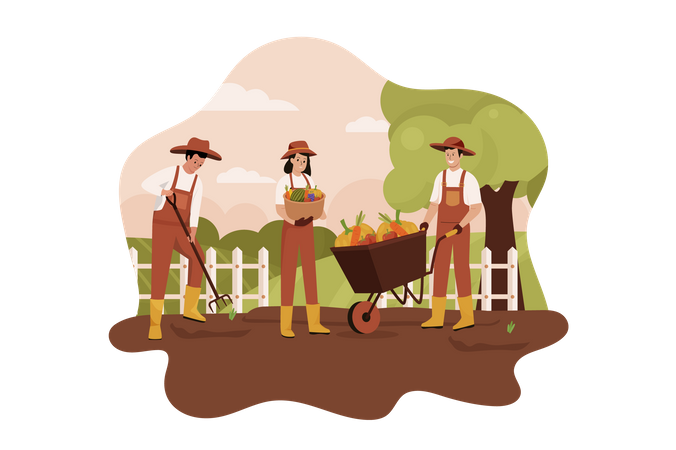 Agricultores con carrito de frutas  Ilustración
