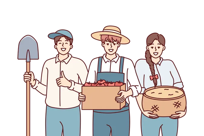 Agricultores con cesta de frutas  Ilustración