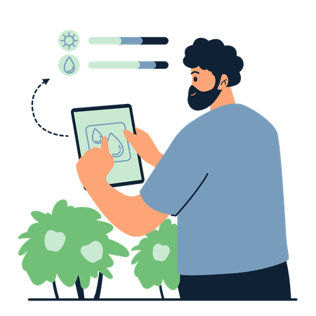 Agricultores con tecnología de cuidado de plantas  Illustration