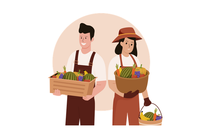 Agricultores y campesinas cosechando frutas  Ilustración