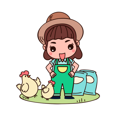 Une agricultrice nourrit des poulets  Illustration