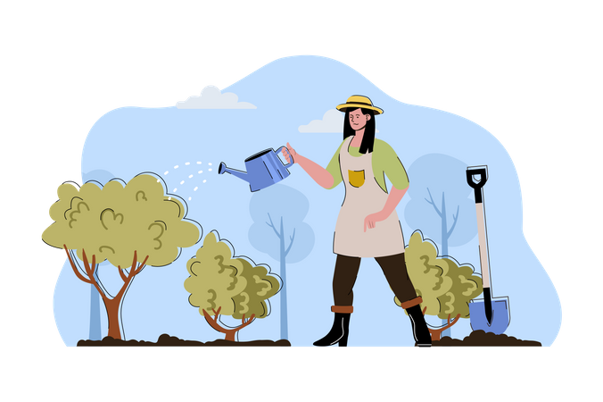 Une agricultrice arrosant dans une ferme  Illustration