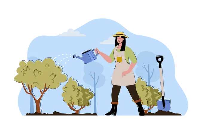 Une agricultrice arrosant dans une ferme  Illustration