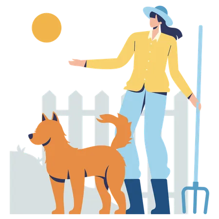 Une agricultrice avec un chien  Illustration