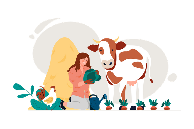 Agricultrice avec poule et vache  Illustration