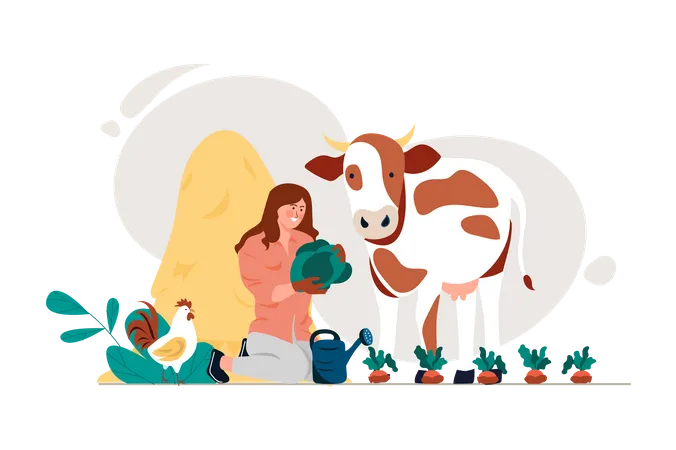 Agricultrice avec poule et vache  Illustration