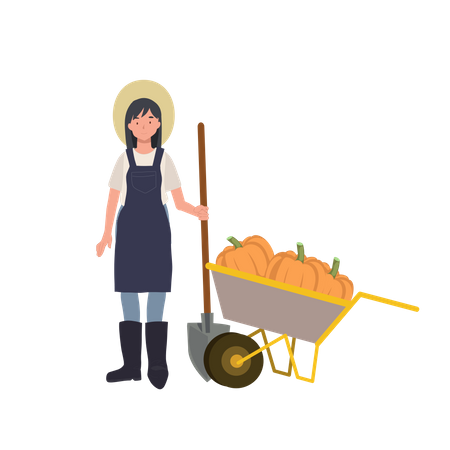 Une agricultrice avec un chariot de citrouille  Illustration