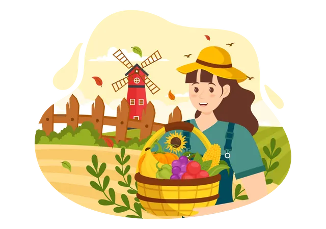 Une agricultrice célébrant la saison des récoltes  Illustration