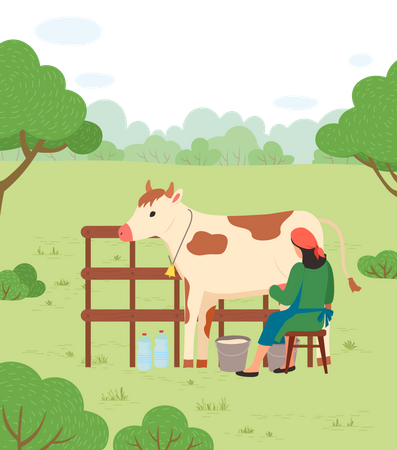 Une agricultrice collectant du lait  Illustration