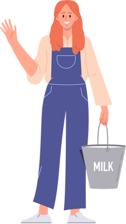 Une agricultrice debout avec un seau à lait  Illustration