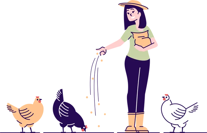 Une agricultrice nourrit des poulets  Illustration