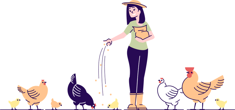 Une agricultrice nourrit des poulets  Illustration