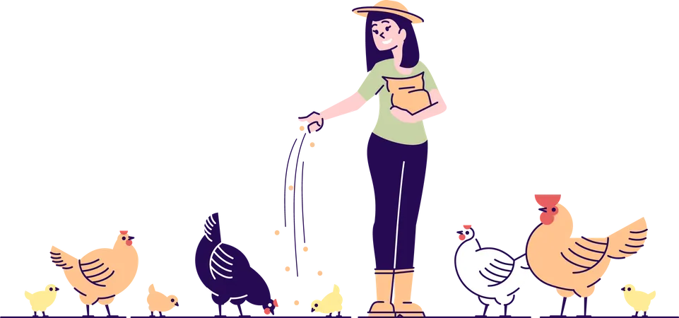 Une agricultrice nourrit des poulets  Illustration