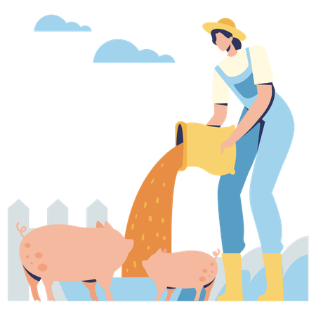 Une agricultrice nourrit des cochons  Illustration