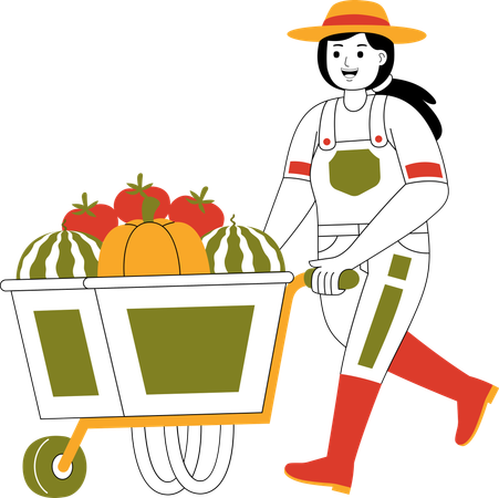 Une agricultrice transportant des fruits avec un chariot  Illustration