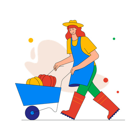 Une agricultrice poussant une brouette avec la récolte de légumes  Illustration