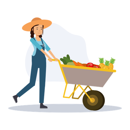 Une agricultrice poussant un chariot de légumes  Illustration