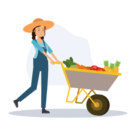 Concept Agricole Recolte Un Agriculteur Heureux Utilise Un Chariot De Legumes Illustration De Personnage De Dessin Anime 2 D Vectoriel Plat Illustration