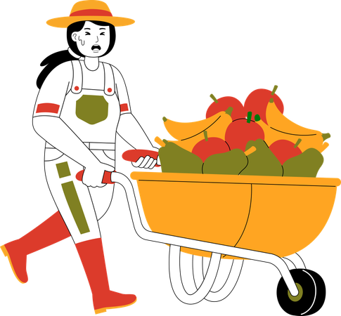 Une agricultrice poussant un chariot rempli de fruits  Illustration