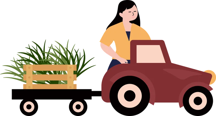 Une agricultrice ramasse de l'herbe  Illustration