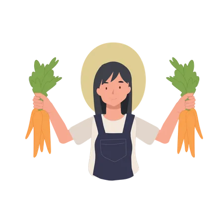 Une agricultrice récolte des carottes  Illustration