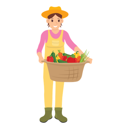 Une agricultrice tenant des légumes frais et mûrs  Illustration