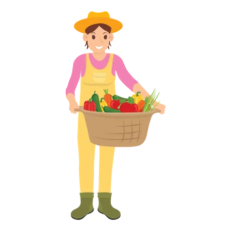 Une agricultrice tenant des légumes frais et mûrs  Illustration
