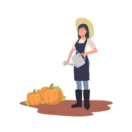 Une agricultrice tenant un arrosoir près du jardin de citrouilles  Illustration