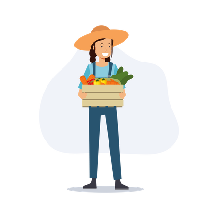 Une agricultrice tenant un panier de légumes  Illustration