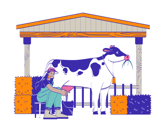 Femme fermière trayant une vache  Illustration