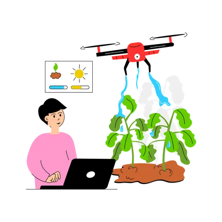 Agricultura asistida por drones que utiliza tecnología inteligente para lograr precisión  Ilustración