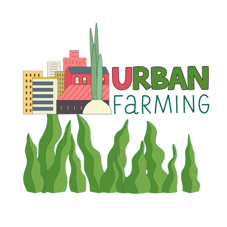 Logotipo De Agricultura Urbana Jardineria O Agricultura Cebolla Y Edificios De La Ciudad Detras Ilustración
