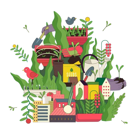 Collage De Agricultura Y Jardineria Urbana Con Herramientas De Jardineria Zonas Verdes Y Casas Ilustración