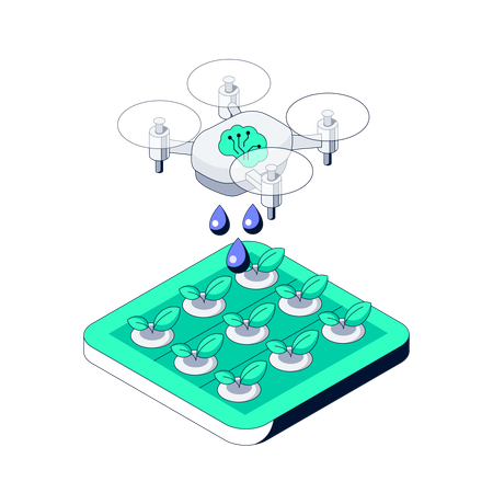 Agricultural drone sprays water and fertilizer over growing plants  Illustration