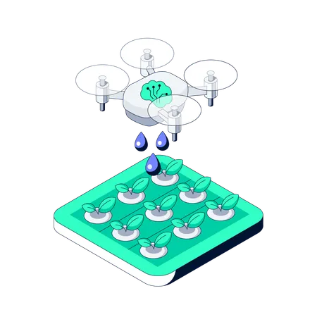 Agricultural drone sprays water and fertilizer over growing plants  Illustration