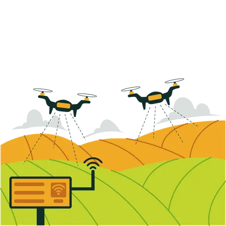 Agricultural Drones Monitoring Crop Fields Using Wireless Technology  Illustration