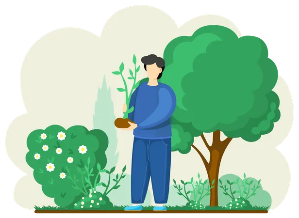 Farmer Plants Seedling Cartoon Agricultural Worker Takes Care Of Crops Gardener Grows Bush Happy Man Working In Garden Plants Small Tree Sapling In Spring Volunteer Cares About Environment Illustration