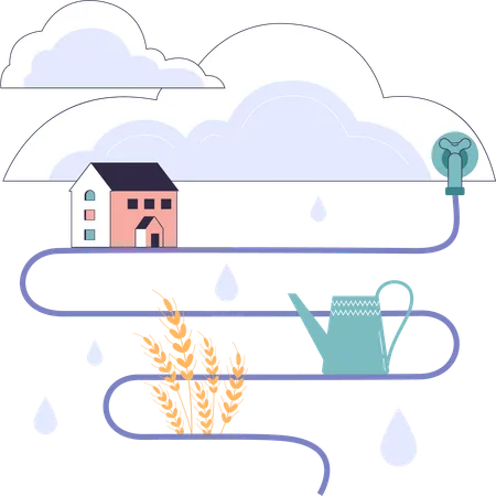 El agua de lluvia se utiliza en el hogar.  Ilustración