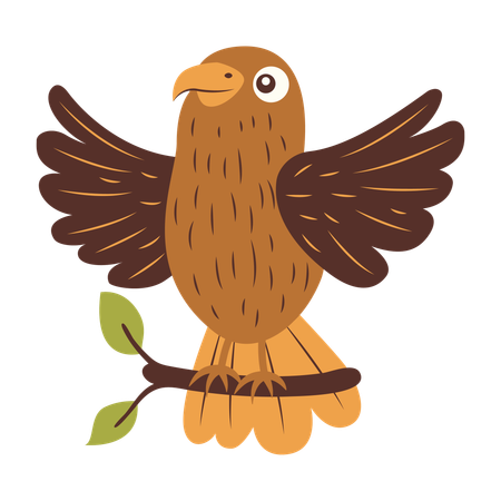 Águia laranja fofa batendo asas em galho de árvore  Ilustração