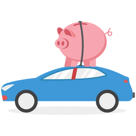 Ahorrar dinero está en el techo del coche.  Ilustración