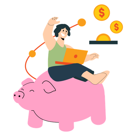 Ahorro de dinero en línea en alcancía  Ilustración