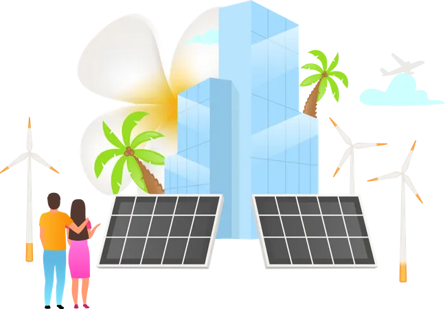 Ilustracion De Vector Plano De Fuentes De Energia Alternativas Energetica Sostenible Paneles Solares Turbinas Eolicas Amigable Con El Medio Ambiente Negocios Indonesios Concepto De Dibujos Animados Aislado Sobre Fondo Blanco Ilustración