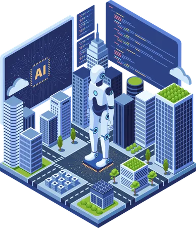 Ai Artificial Intelligence and Robotics in Smart City  Illustration