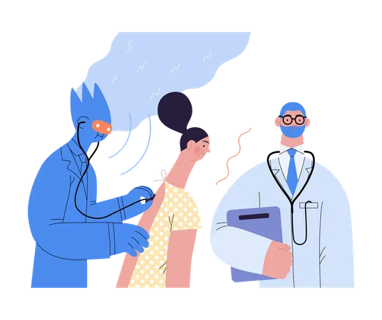 Artificial Intelligence Medicine Modern Flat Vector Concept Illustration Of AI Auscultating Patient With Stethoscope Human Doctor Nearby Metaphor Of AI Advantage Superiority And Dominance Concept Illustration