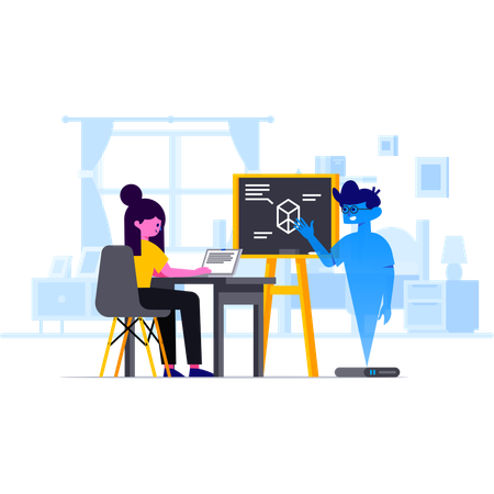 AI bot educating student in classroom  Illustration