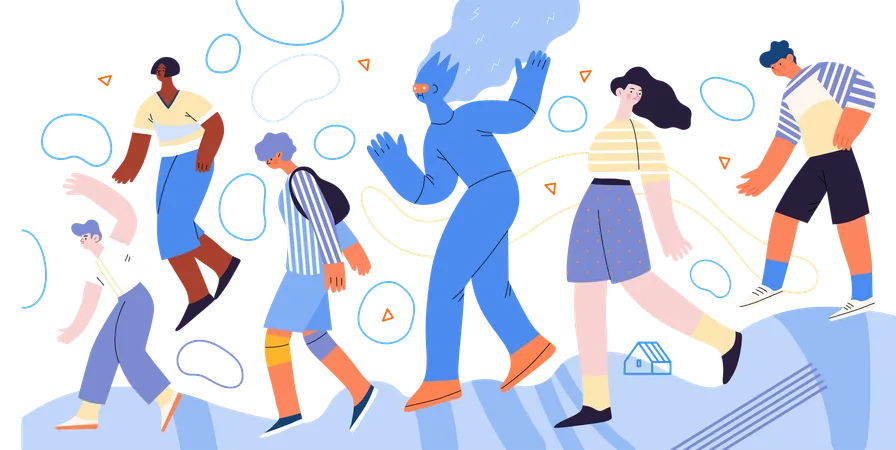 Artificial Intelligence AI And Humanity Modern Flat Vector Concept Illustration Of AI Character Walking Among People In Everyday Life Metaphor Of AI Advantage Benefit Friendliness Concept Illustration