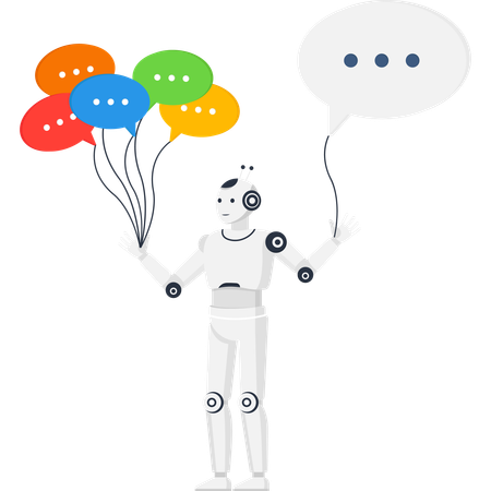 AI chatbot robot holding colorful speech bubbles symbolizing online communication and customer service  Illustration