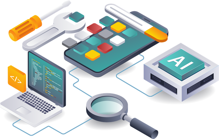 AI completa el proyecto de desarrollo de aplicaciones para teléfonos inteligentes  Ilustración