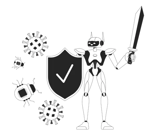 AI Cyber Defense Black And White 2 D Illustration Concept Robot Shield Virus Bugs Cartoon Outline Character Isolated On White Artificial Intelligence Cybersecurity Metaphor Monochrome Vector Art Illustration